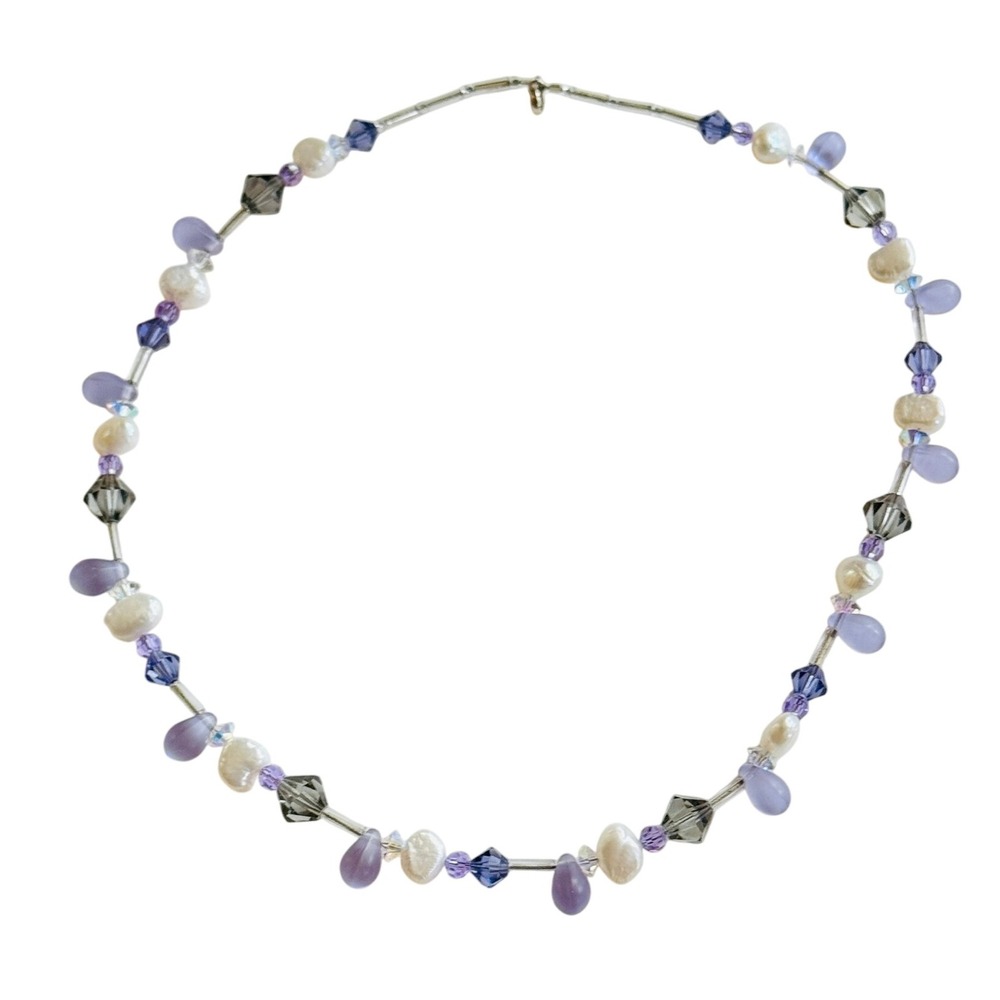 VTG Crystal pearl beaded floating Necklace 925 Sterling choker high end rare 16"